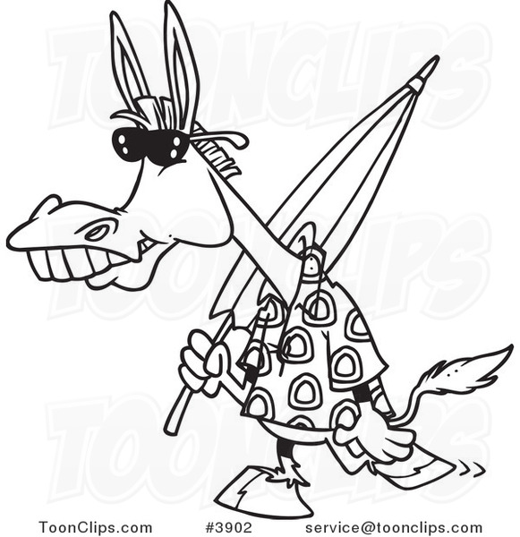 Cartoon Black and White Line Drawing of a Summer Donkey Carrying a Beach Umbrella