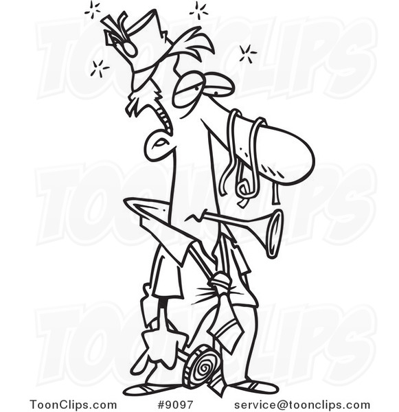 Cartoon Black and White Line Drawing of a Tired Business Man After a Party