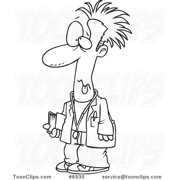 Cartoon Black and White Line Drawing of a Tired Med Student