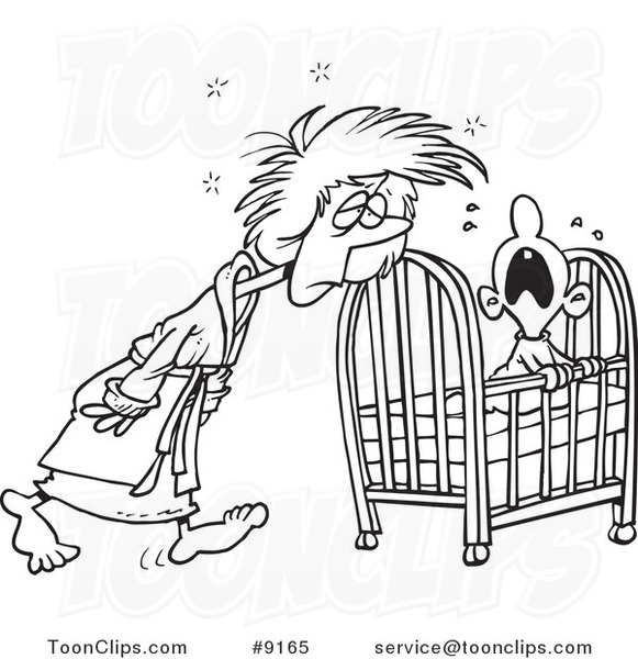 Cartoon Black and White Line Drawing of a Tired Mother Tending to Her Baby