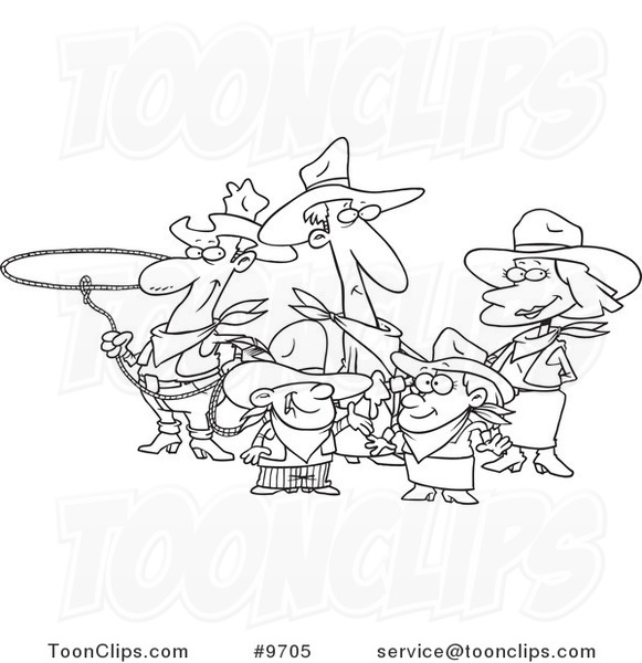 Cartoon Black and White Line Drawing of a Western Cowboy Family
