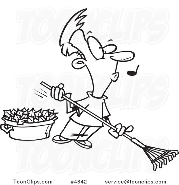 Cartoon Black and White Line Drawing of a Whistling Guy Raking Leaves
