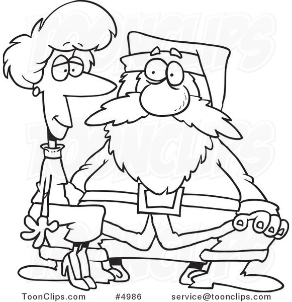 Cartoon Black and White Line Drawing of an Adult Lady Sitting on Santas Lap