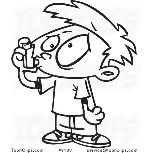 Cartoon Black and White Line Drawing of an Asthmatic Boy Using an Inhaler
