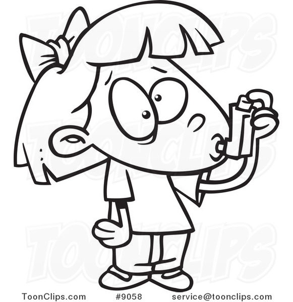 Cartoon Black and White Line Drawing of an Asthmatic Girl Using Her Inhaler Puffer