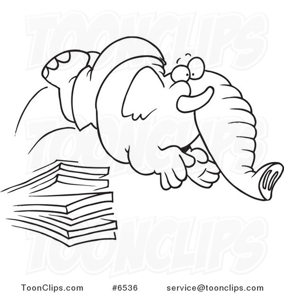 Cartoon Black and White Line Drawing of an Elephant Jumping off a Diving Board