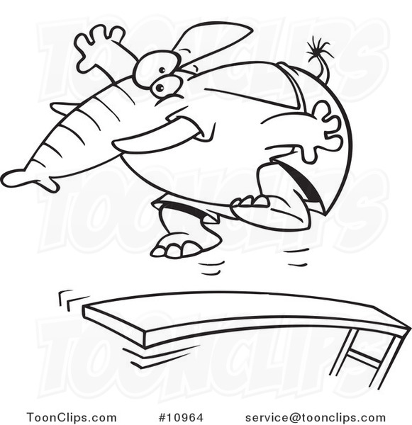 Cartoon Black and White Line Drawing of an Elephant Jumping on a Diving Board