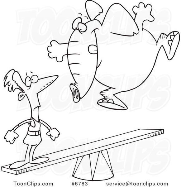 Cartoon Black and White Line Drawing of an Elephant Jumping on a See Saw to Make a Stunt Guy Fly