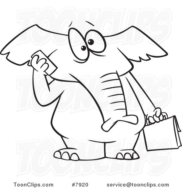 Cartoon Black and White Line Drawing of an Elephant Talking on a Cell Phone