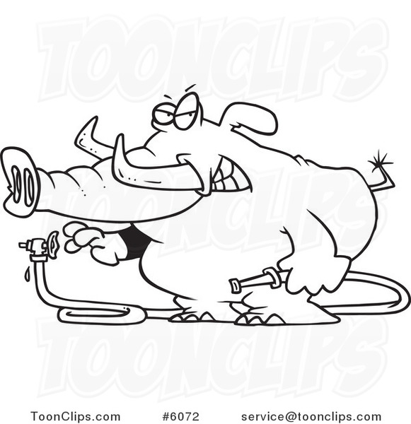 Cartoon Black and White Line Drawing of an Elephant Turning a Hose on
