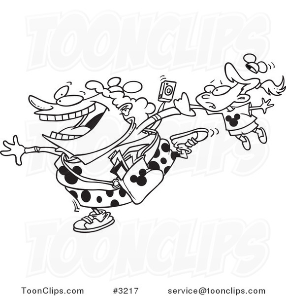 Cartoon Black and White Line Drawing of an Enthusiastic Mother Dragging Her Daughter Around a Theme Park