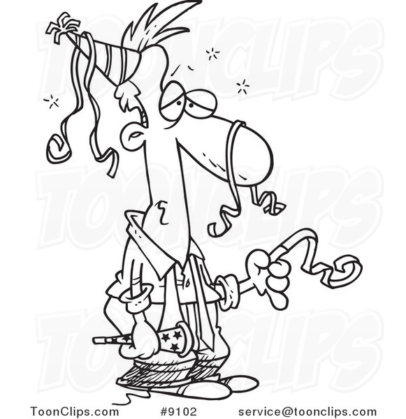 Cartoon Black and White Line Drawing of an Exhausted Business Man After a Party