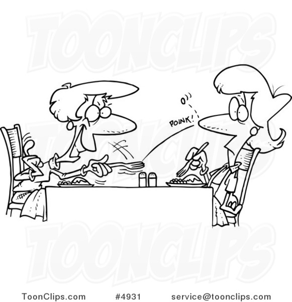 Cartoon Black and White Line Drawing of an Old Lady Flicking a Pea at Her Daughter