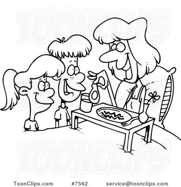 Cartoon Black and White Line Drawing of Children Serving Their Mom Breakfast in Bed