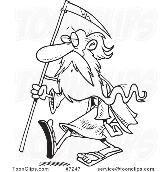 Cartoon Black and White Line Drawing of Father Time Carrying a Scythe