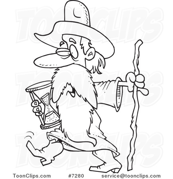 Cartoon Black and White Line Drawing of Father Time Carrying an Hourglass