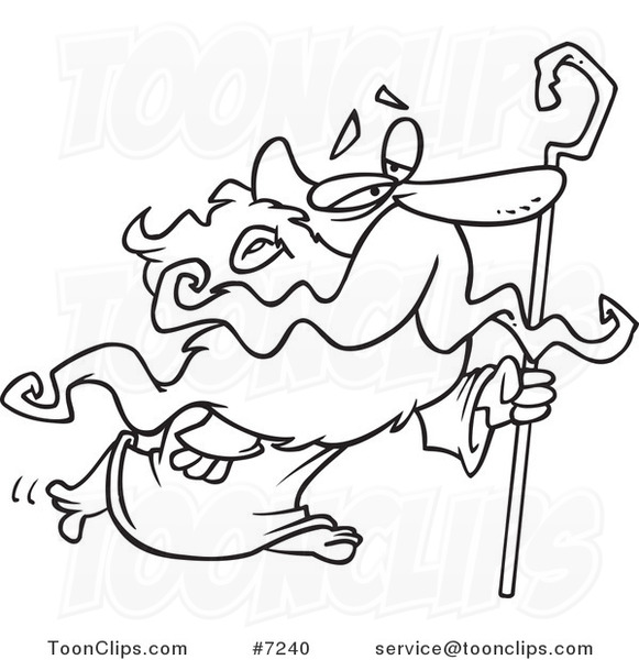Cartoon Black and White Line Drawing of Father Time with a Cane