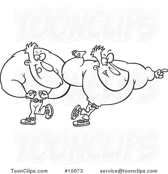 Cartoon Black and White Line Drawing of Pumped Bodybuilders