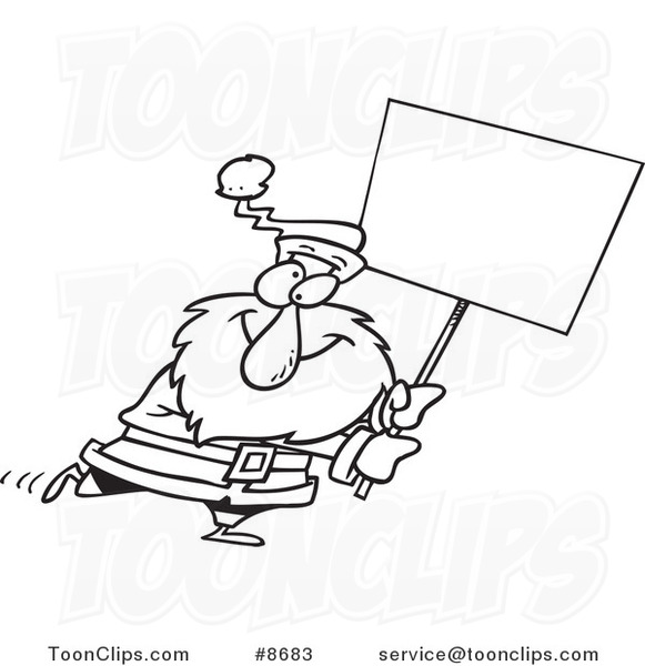 Cartoon Black and White Line Drawing of Santa Carrying a Blank Sign