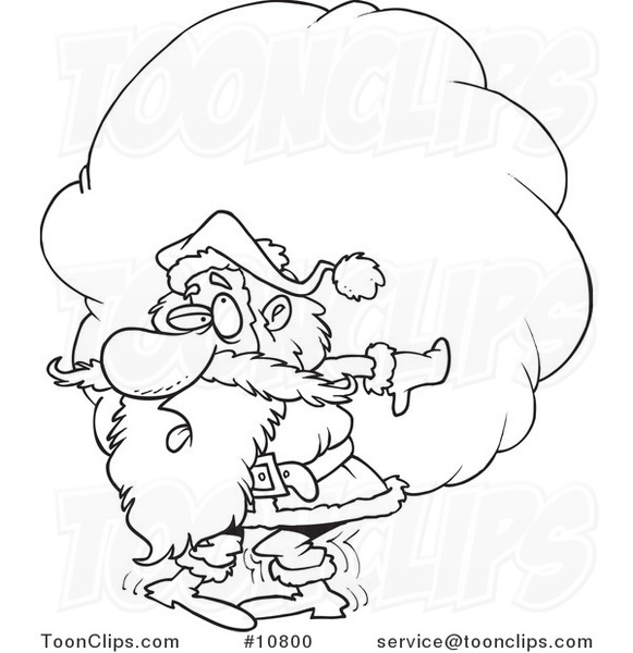Cartoon Black and White Line Drawing of Santa Carrying a Heavy Sack