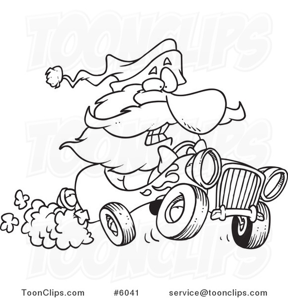 Cartoon Black and White Line Drawing of Santa Driving a Hot Rod