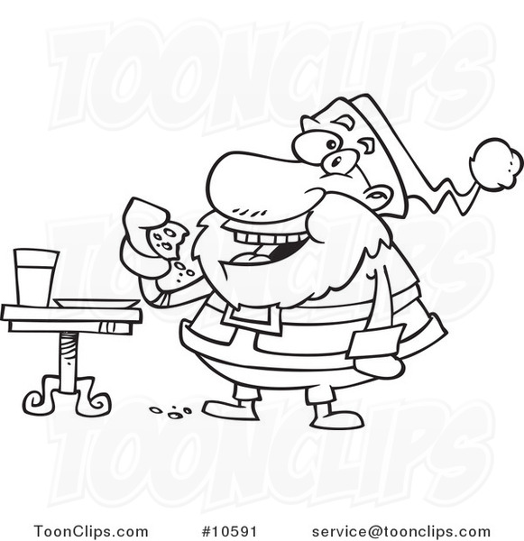 Cartoon Black and White Line Drawing of Santa Eating Cookies