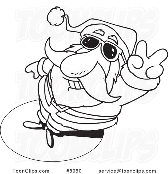 Cartoon Black and White Line Drawing of Santa Gesturing Peace