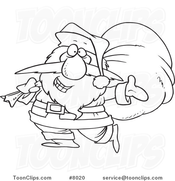 Cartoon Black and White Line Drawing of Santa Happily Carrying a Sack