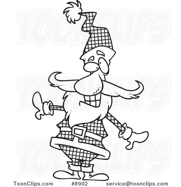 Cartoon Black and White Line Drawing of Santa in a Plaid Suit