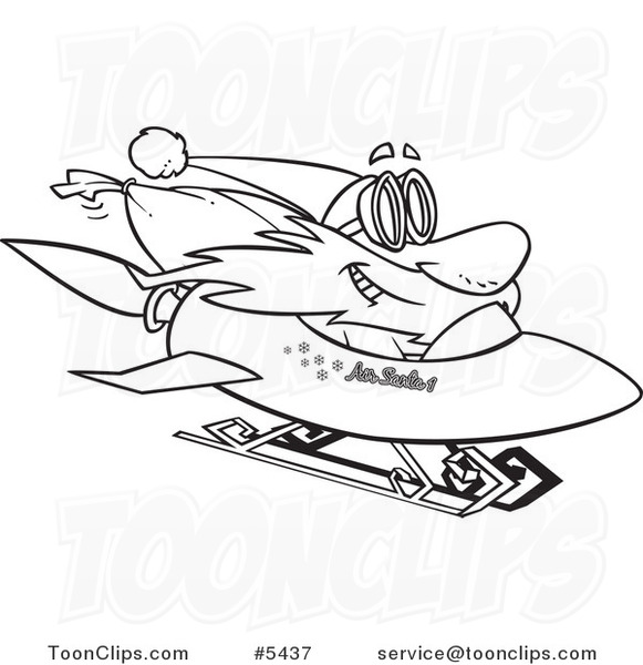 Cartoon Black and White Line Drawing of Santa on a Rocket Sled
