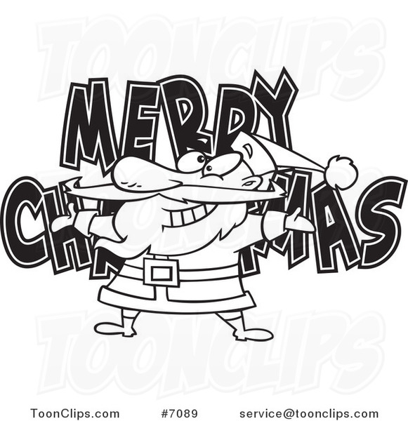 Cartoon Black and White Line Drawing of Santa over MERRY CHRISTMAS
