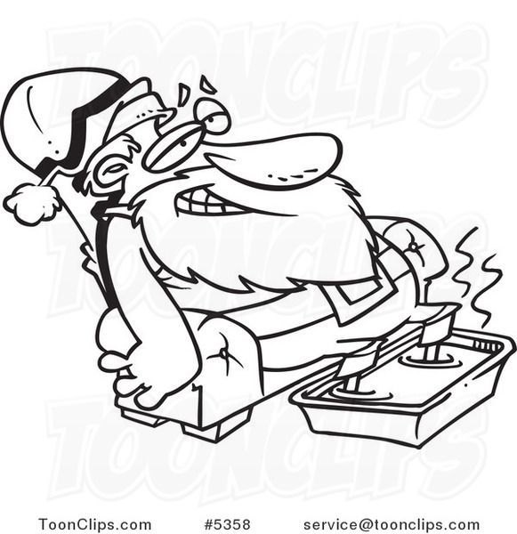 Cartoon Black and White Line Drawing of Santa Relaxing with a Foot Bath