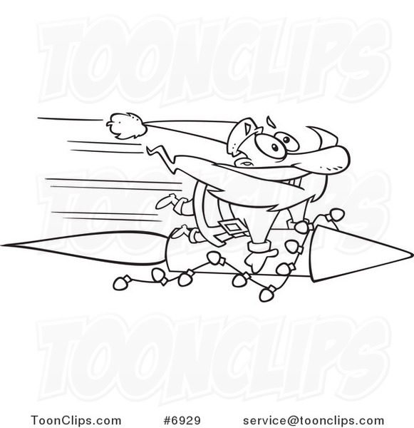 Cartoon Black and White Line Drawing of Santa Riding a Fast Rocket