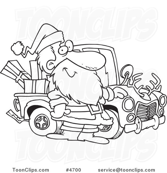 Cartoon Black and White Line Drawing of Santa Standing by His Redneck Truck