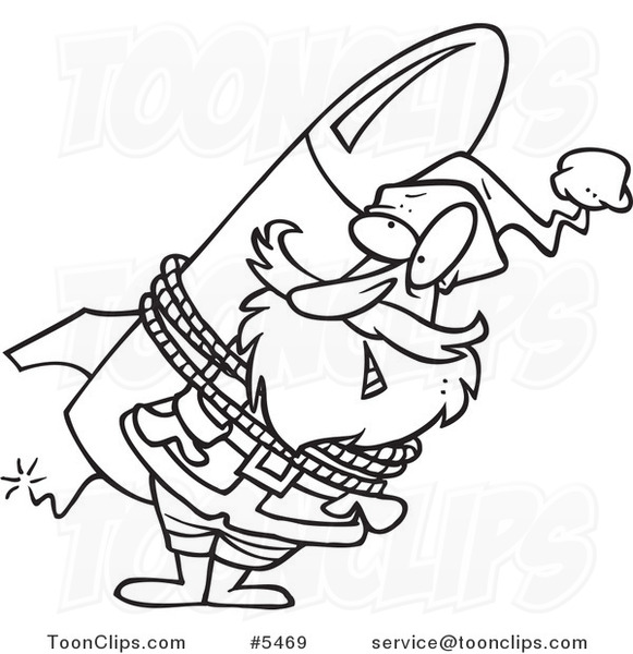 Cartoon Black and White Line Drawing of Santa Strapped to a Rocket