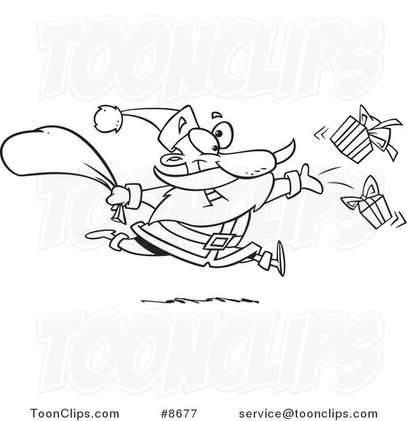 Cartoon Black and White Line Drawing of Santa Tossing Gifts