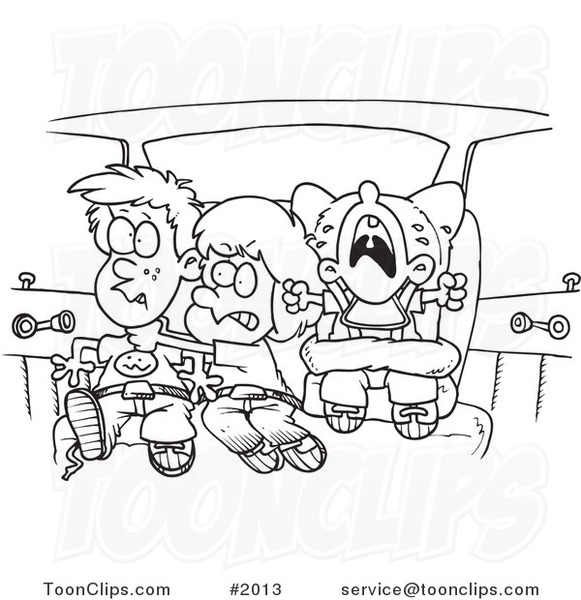 Cartoon Black and White Line Drawing of Siblings Fighting in a Car on a Road Trip