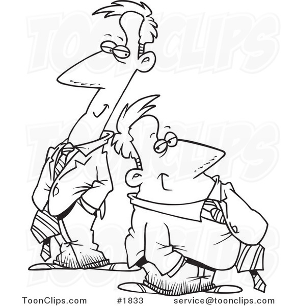 Cartoon Black and White Line Drawing of Tall and Short Twin Businessmen