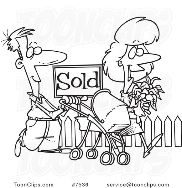 Cartoon Black and White Line Drawing of Welcoming Neighbors by a Sold House
