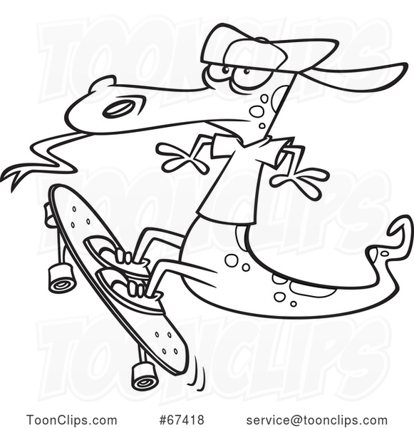 Cartoon Black and White Lizard Skateboarding