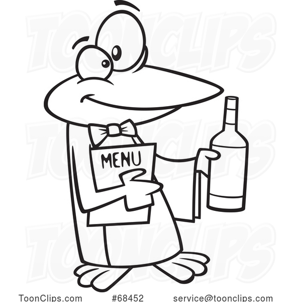 Cartoon Black and White Maitre D Penguin Holding Wine and a Menu