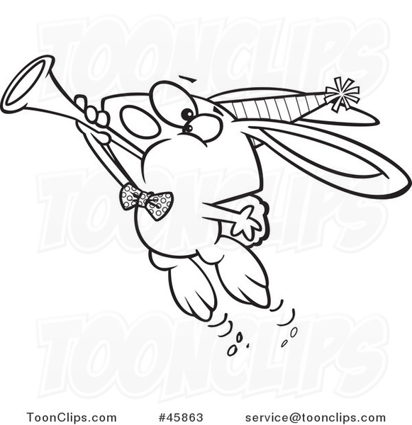 Cartoon Black and White New Year Party Rabbit Blowing a Horn