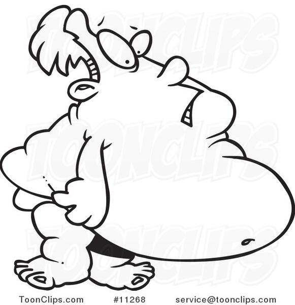 Cartoon Black and White Outline Design of a Fat Guy in a Speedo