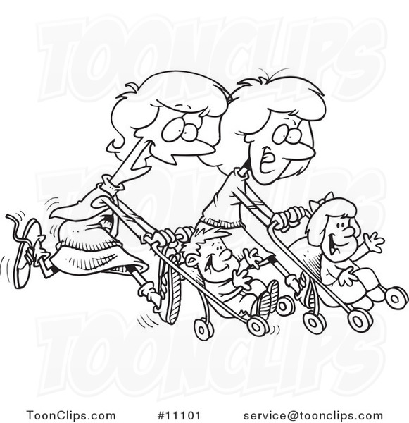 Cartoon Black and White Outline Design of Mothers Running with Strollers