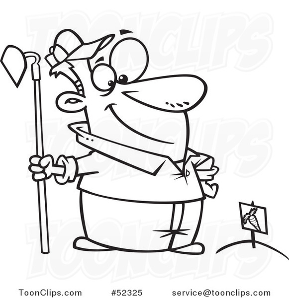 Cartoon Black and White Proud Guy Standing with a Hoe over Planted Carrots