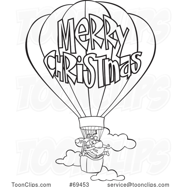 Cartoon Black and White Santa Claus Flying a Hot Air Balloon with Merry Christmas Text