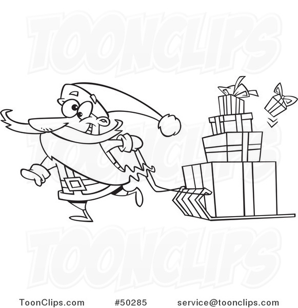 Cartoon Black and White Santa Pulling Christmas Gifts on a Sled