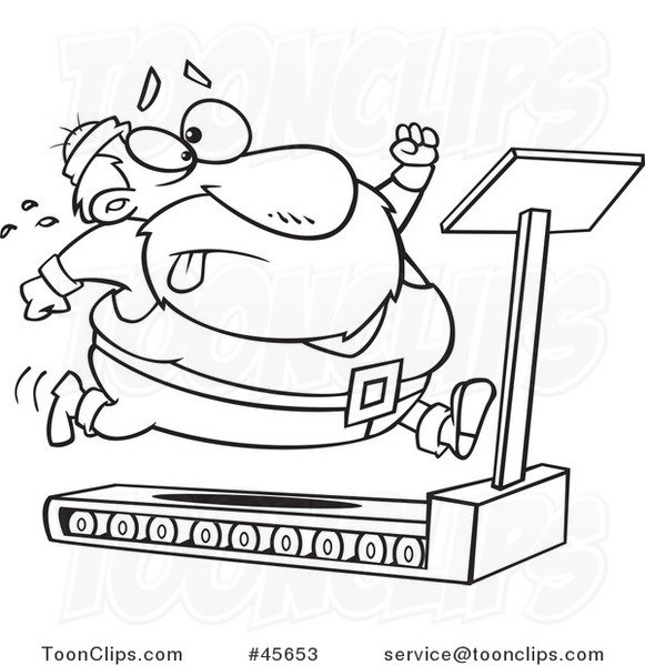 Cartoon Black and White Santa Trying to Run and Lose Weight on a Treadmill