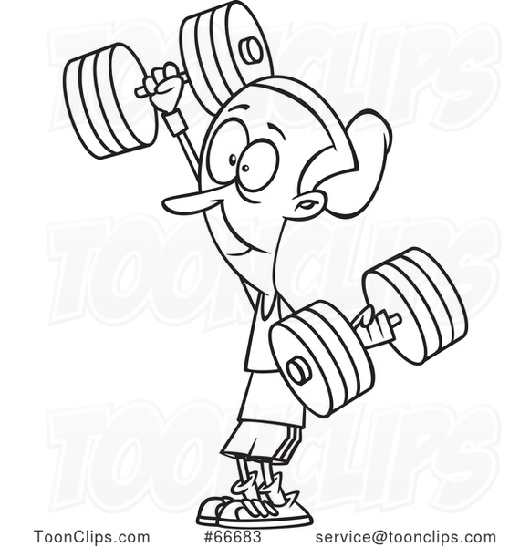 Cartoon Black and White Strong Senior Lady Working out with Dumbbells