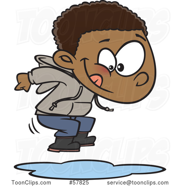 Cartoon Black Boy Jumping in Puddles